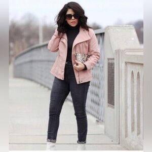 RD Style Jacket Faux Leather Blush Pink Knit Trim Moto Zip